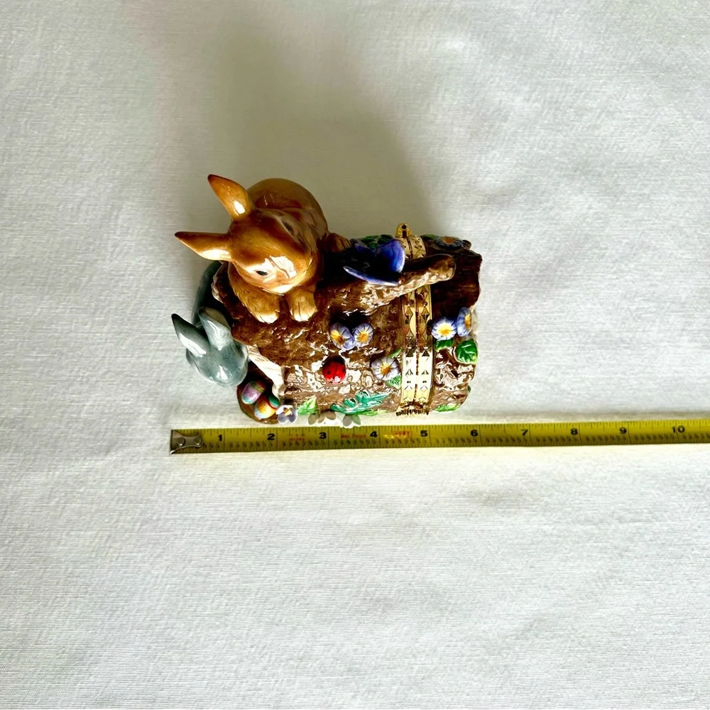 Vtg Hand Painted Porcelain Hinged Faberge Trinket Box Woodland Easter Spring